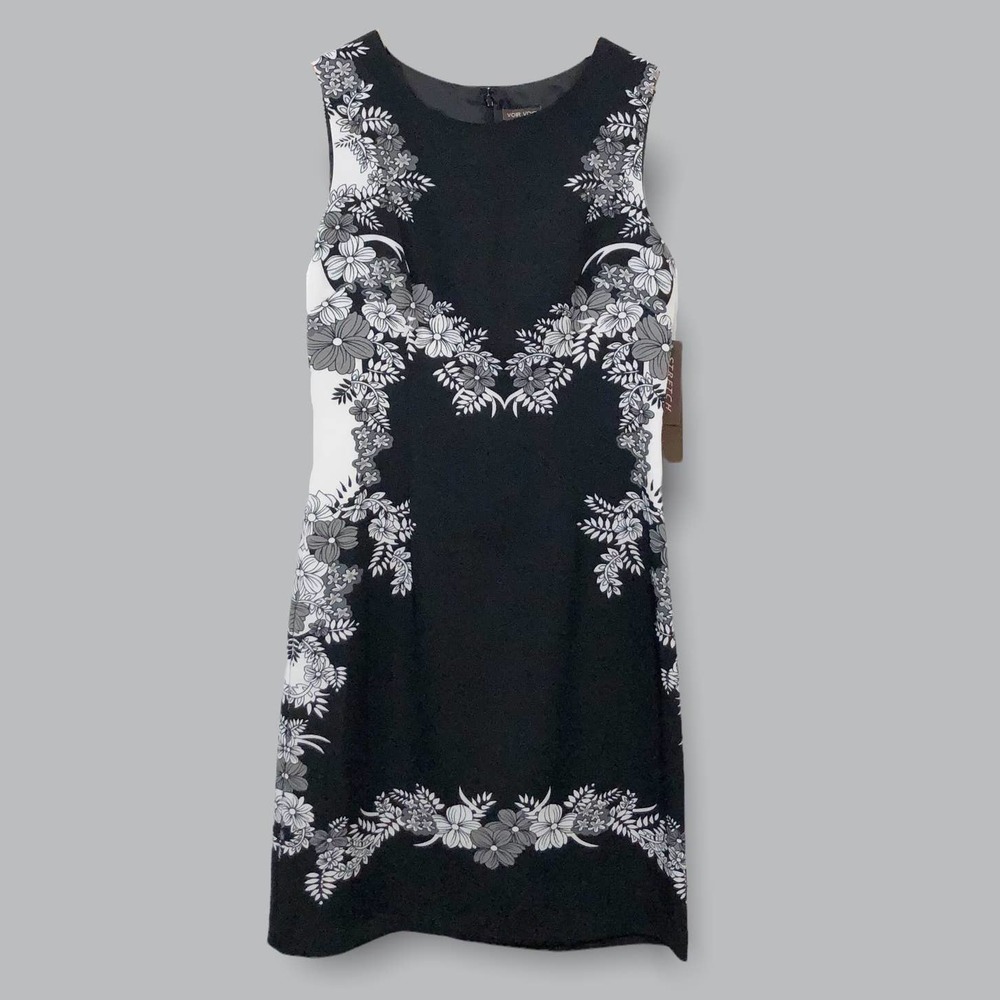 Voir Voir Sleeveless Midi Sheath Dress Size 6 Black Floral Stretch Tropical Leaf